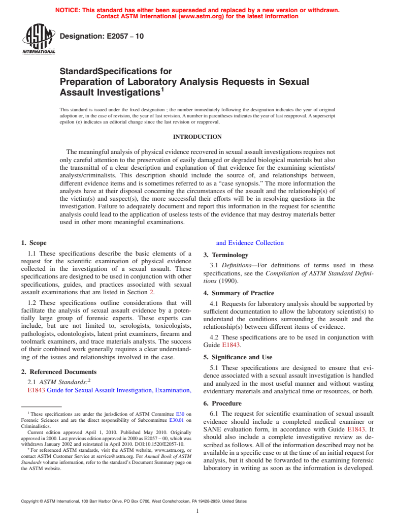 ASTM E2057-10 - Standard Specifications for Preparation of Laboratory Analysis Requests in Sexual Assault Investigations