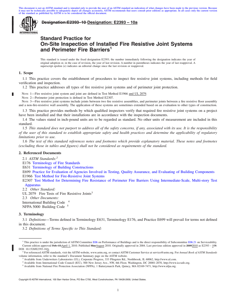 REDLINE ASTM E2393-10a - Standard Practice for On-Site Inspection of Installed Fire Resistive Joint Systems and Perimeter Fire Barriers