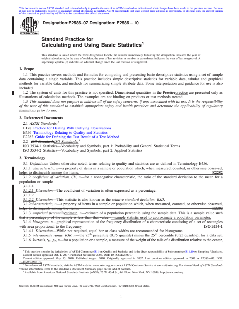 REDLINE ASTM E2586-10 - Standard Practice for Calculating and Using Basic Statistics