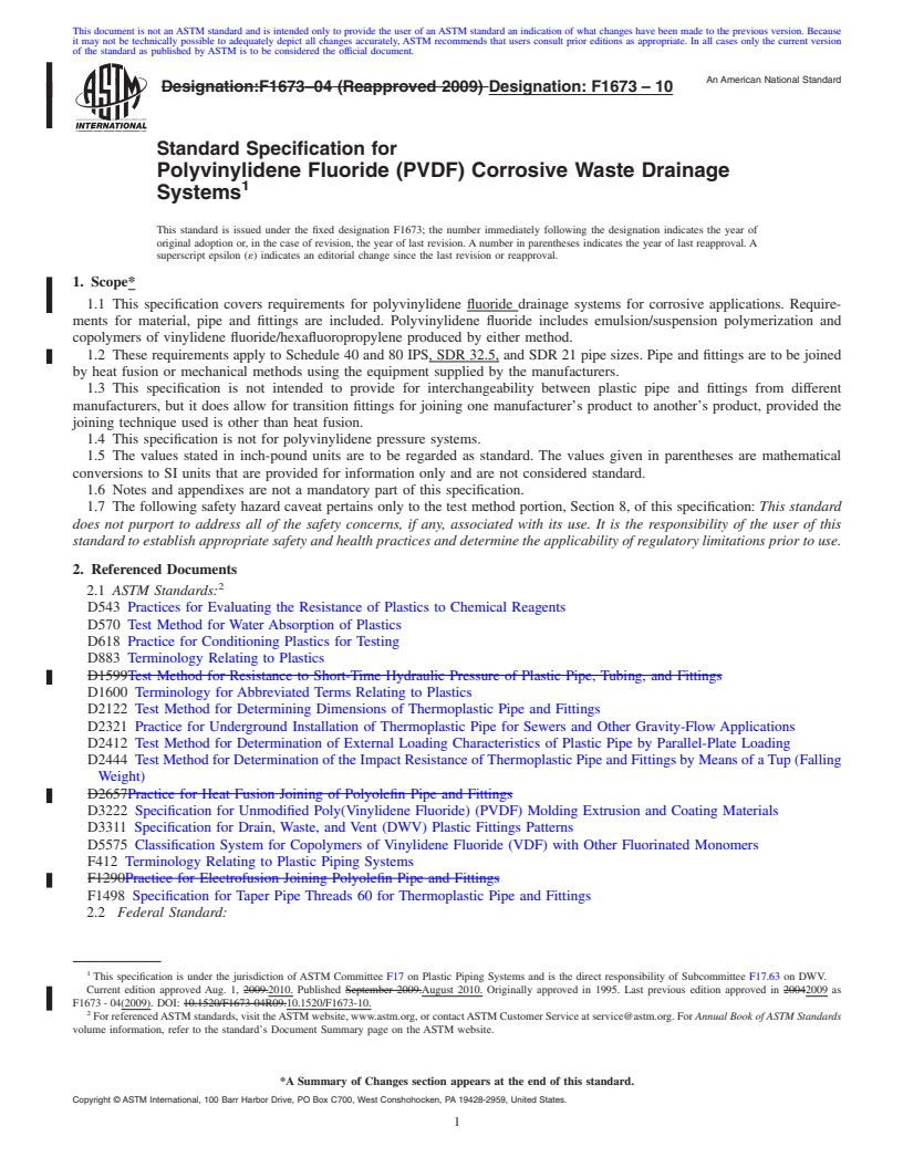 REDLINE ASTM F1673-10 - Standard Specification for Polyvinylidene Fluoride (PVDF) Corrosive Waste Drainage Systems