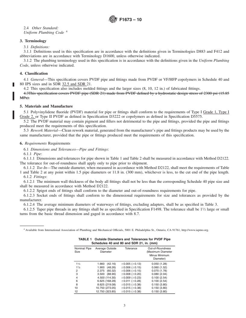 REDLINE ASTM F1673-10 - Standard Specification for Polyvinylidene Fluoride (PVDF) Corrosive Waste Drainage Systems