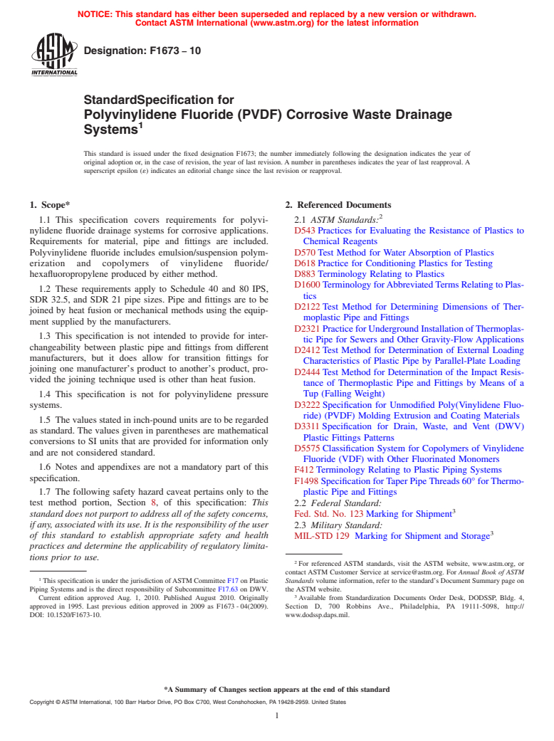 ASTM F1673-10 - Standard Specification for Polyvinylidene Fluoride (PVDF) Corrosive Waste Drainage Systems