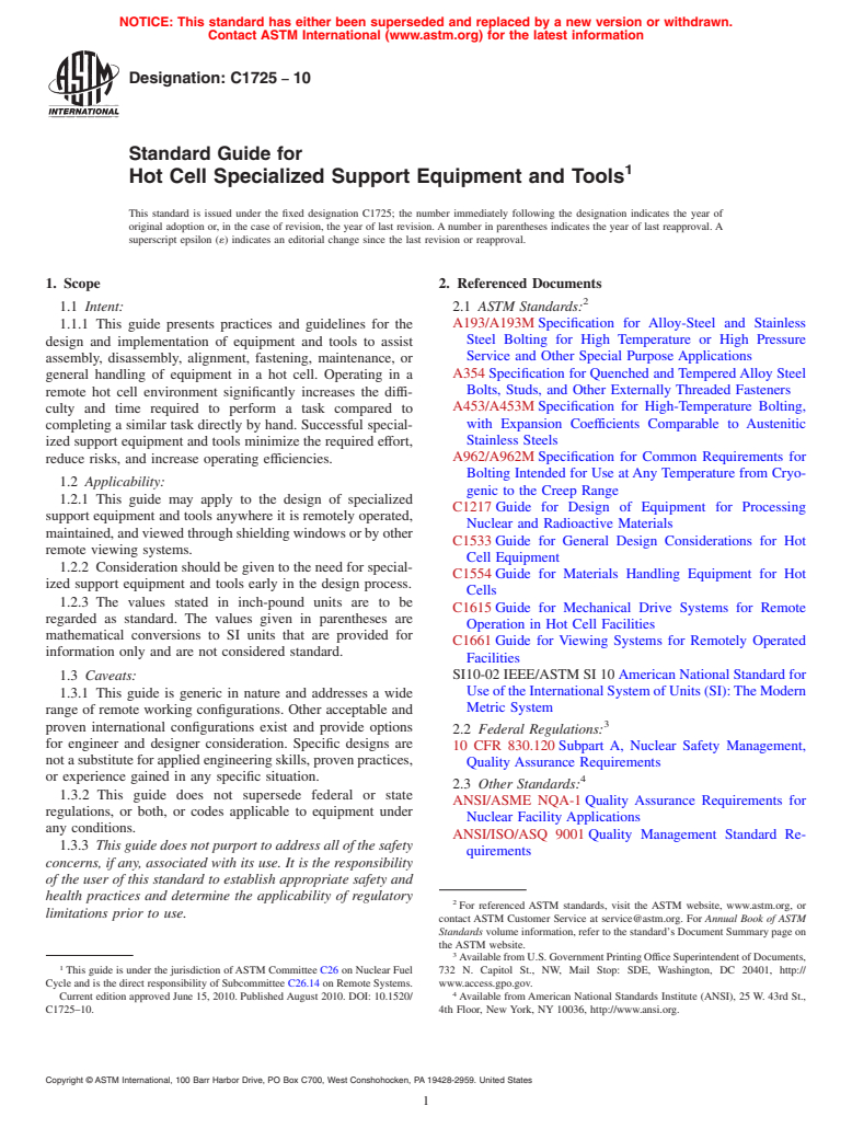 ASTM C1725-10 - Standard Guide for Hot Cell Specialized Support Equipment and Tools