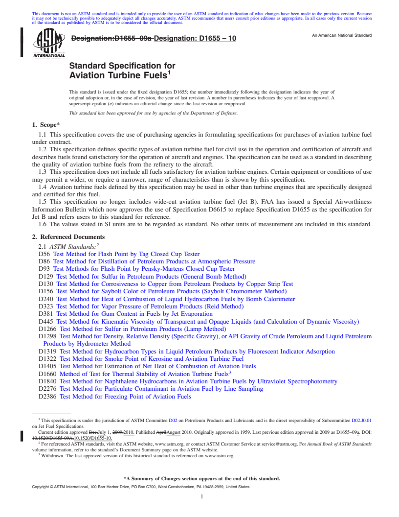 REDLINE ASTM D1655-10 - Standard Specification for Aviation Turbine Fuels