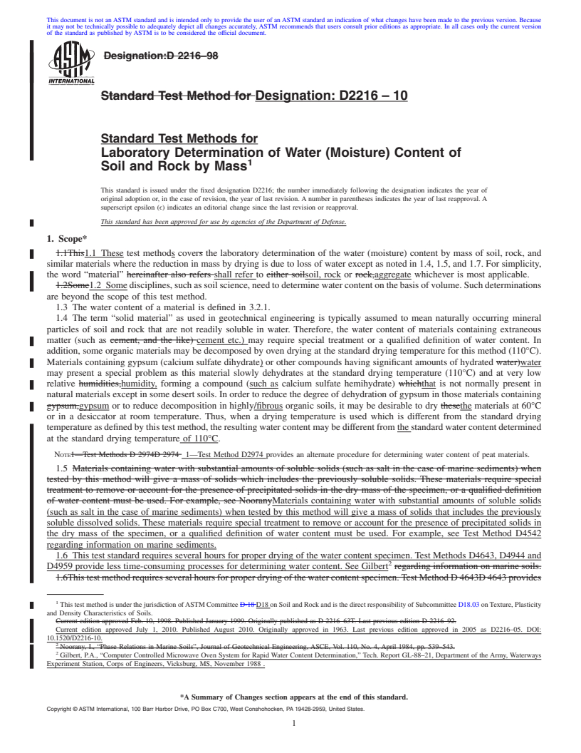 REDLINE ASTM D2216-10 - Standard Test Methods for Laboratory Determination of Water (Moisture) Content of Soil and Rock by Mass