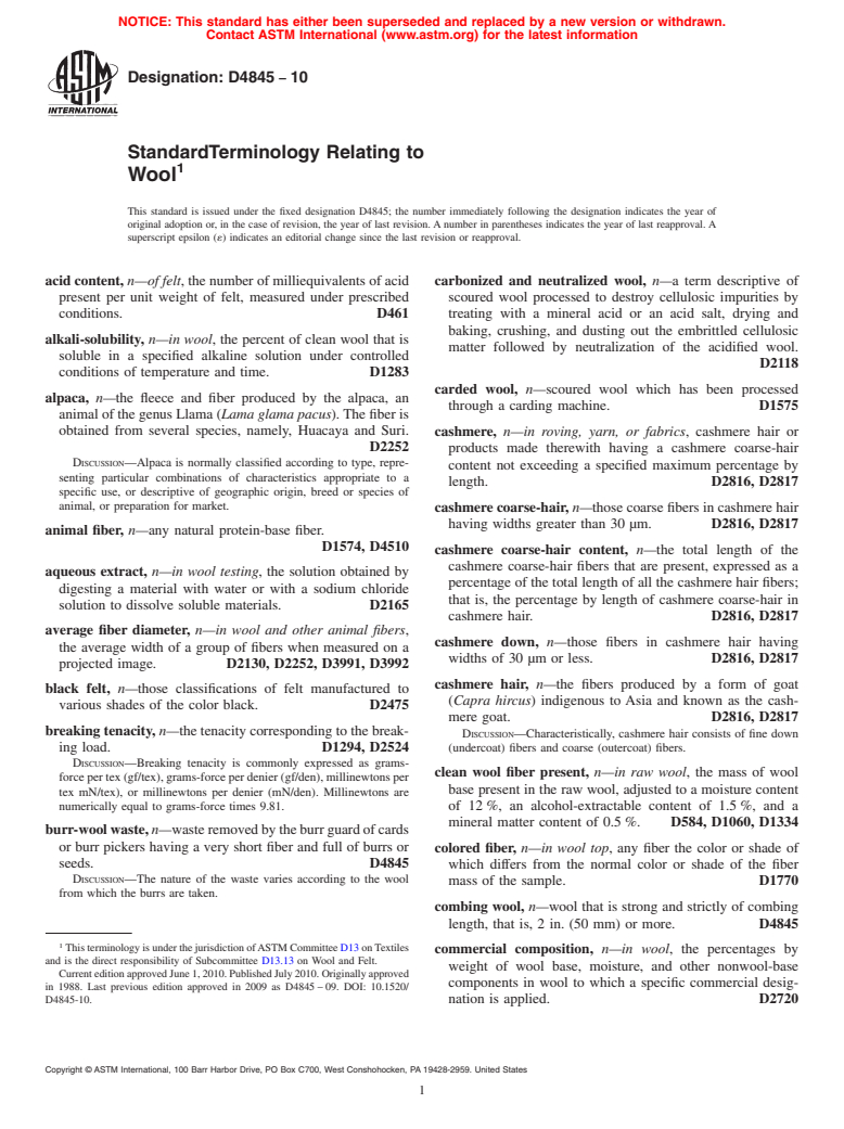 ASTM D4845-10 - Standard Terminology Relating to Wool