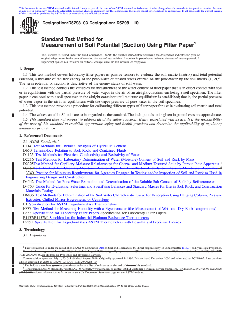 REDLINE ASTM D5298-10 - Standard Test Method for Measurement of Soil Potential (Suction) Using Filter Paper