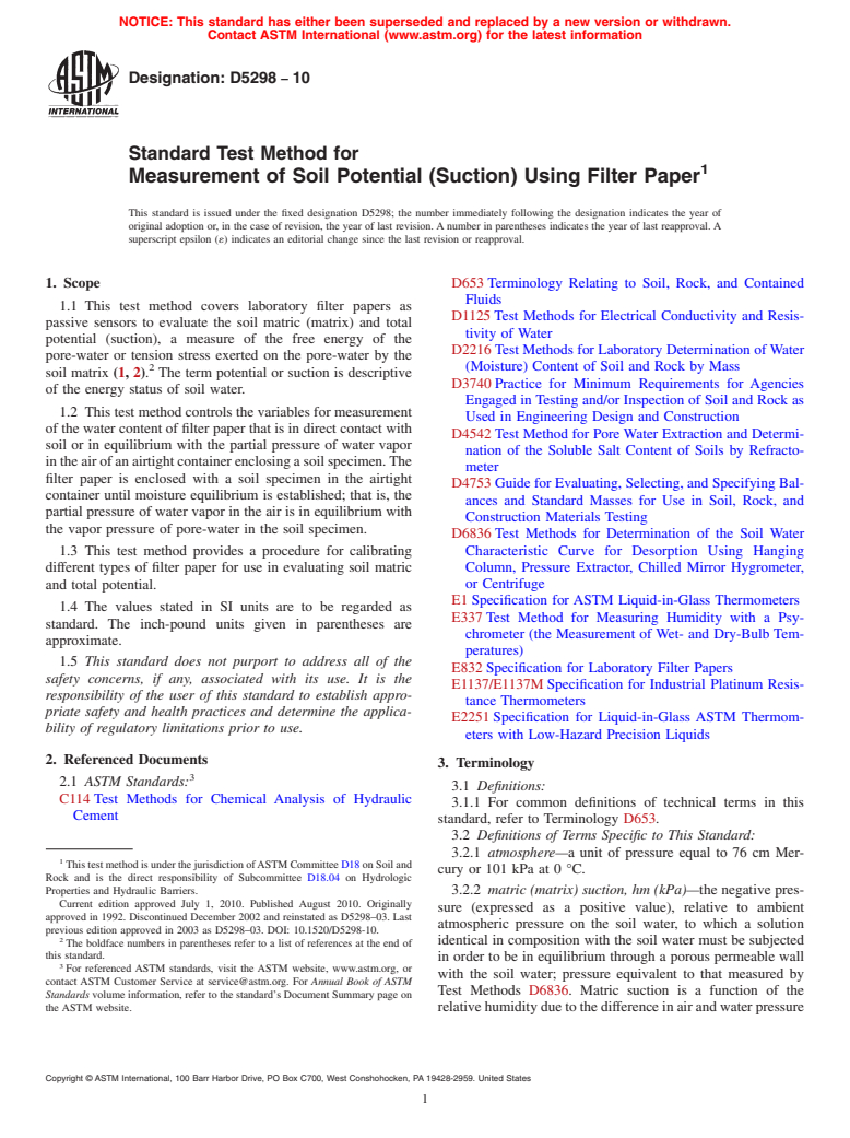 ASTM D5298-10 - Standard Test Method for Measurement of Soil Potential (Suction) Using Filter Paper