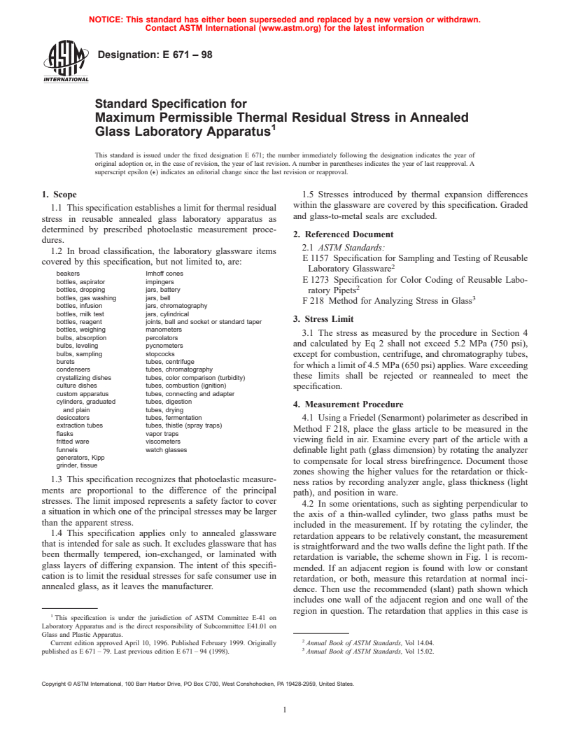 ASTM E671-98 - Standard Specification for Maximum Permissible Thermal Residual Stress in Annealed Glass Laboratory Apparatus