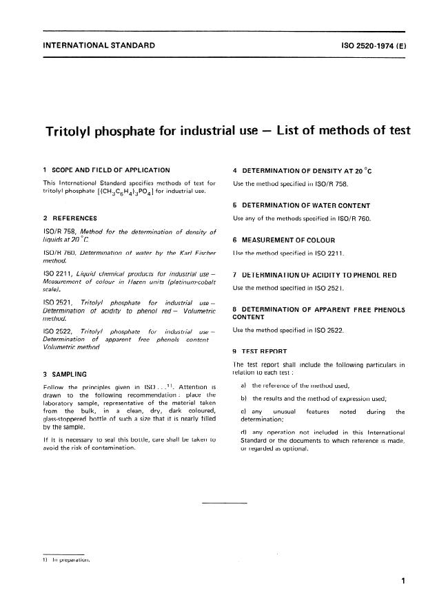 ISO 2520:1974 - Tritolyl phosphate for industrial use -- List of methods of test