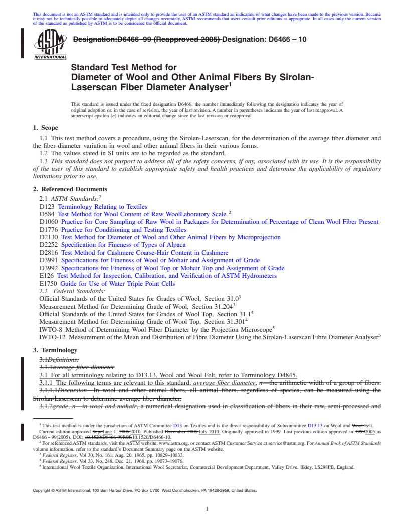 REDLINE ASTM D6466-10 - Standard Test Method for Diameter of Wool and Other Animal Fibers By Sirolan-Laserscan Fiber Diameter Analyser