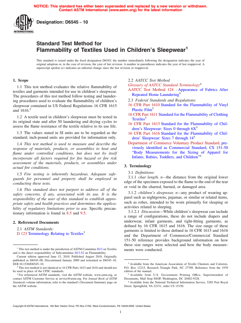 ASTM D6545-10 - Standard Test Method for Flammability of Textiles Used in Children's Sleepwear