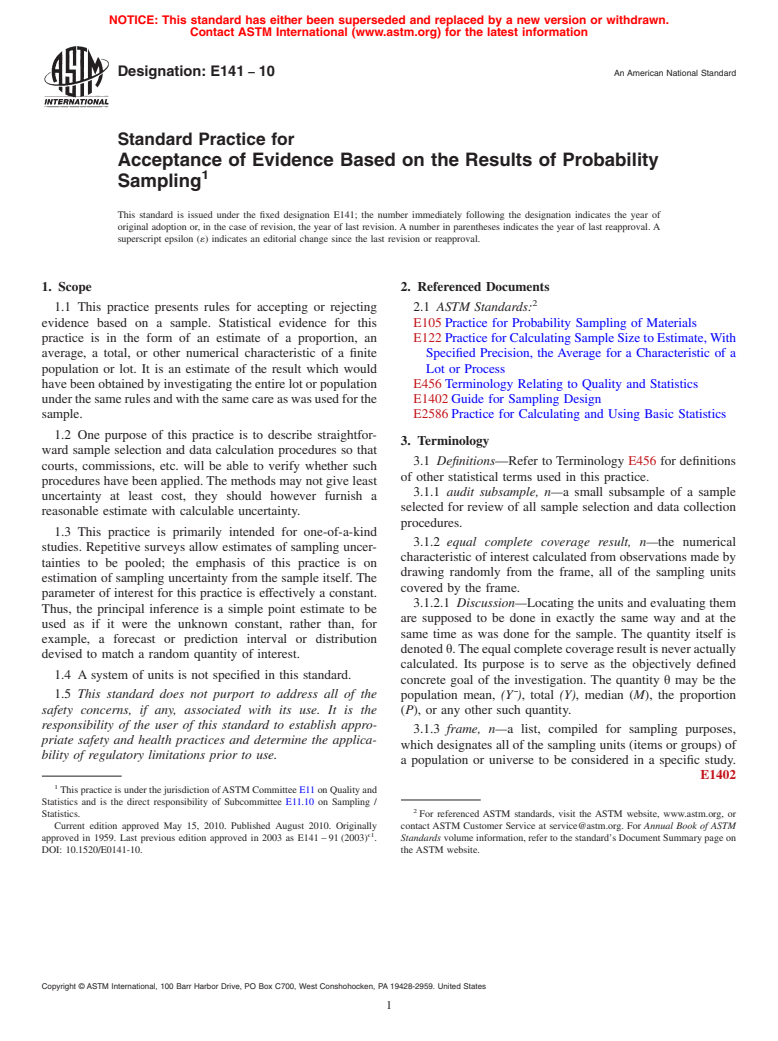 ASTM E141-10 - Standard Practice for Acceptance of Evidence Based on the Results of Probability Sampling