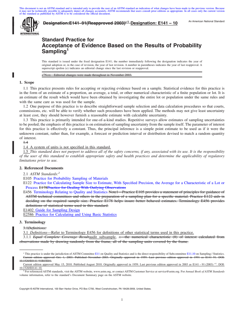 REDLINE ASTM E141-10 - Standard Practice for Acceptance of Evidence Based on the Results of Probability Sampling