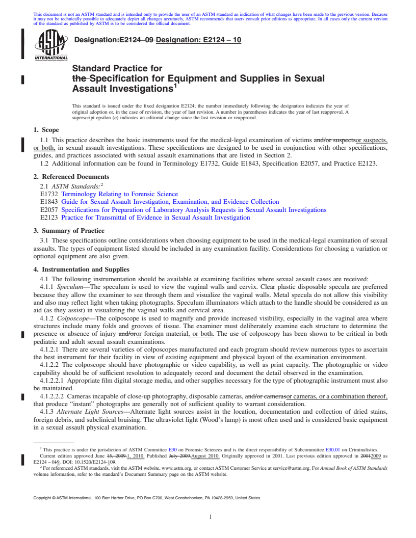 REDLINE ASTM E2124-10 - Standard Practice for the Specification for Equipment and Supplies in Sexual Assault Investigations
