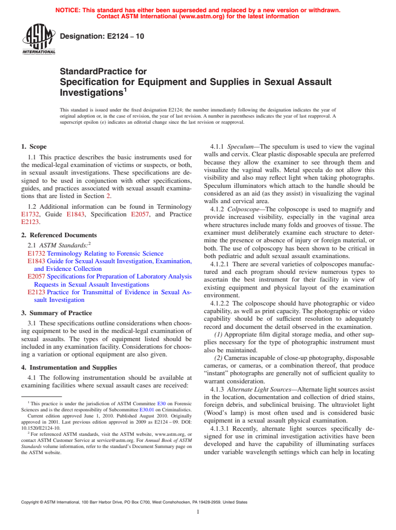ASTM E2124-10 - Standard Practice for the Specification for Equipment and Supplies in Sexual Assault Investigations