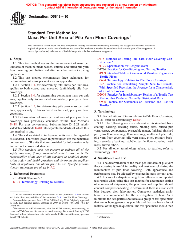 ASTM D5848-10 - Standard Test Method for  Mass Per Unit Area of Pile Yarn Floor Coverings