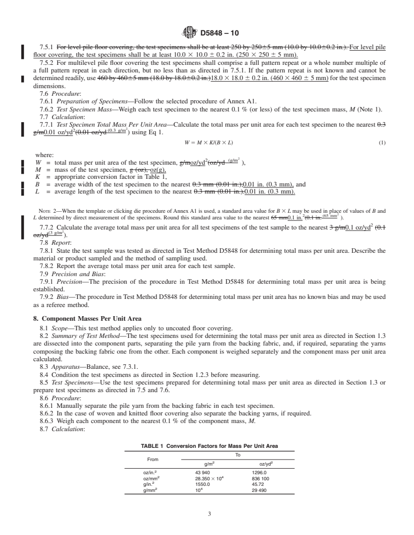 REDLINE ASTM D5848-10 - Standard Test Method for  Mass Per Unit Area of Pile Yarn Floor Coverings