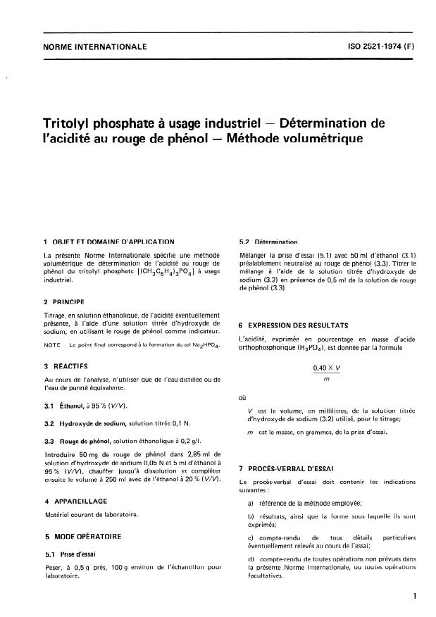 ISO 2521:1974 - Tritolyl phosphate a usage industriel -- Détermination de l'acidité au rouge de phénol -- Méthode volumétrique