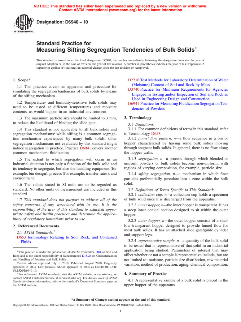 ASTM D6940-10 - Standard Practice for Measuring Sifting Segregation Tendencies of Bulk Solids