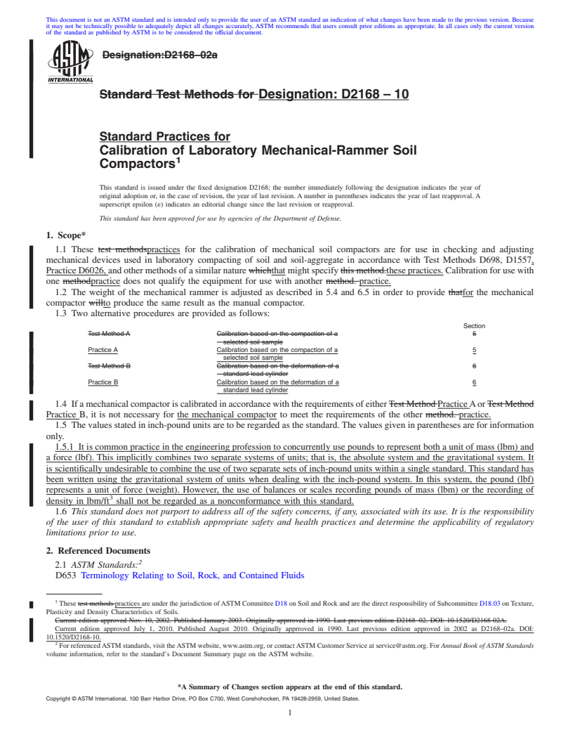 REDLINE ASTM D2168-10 - Standard Test Methods for Calibration of Laboratory Mechanical-Rammer Soil Compactors