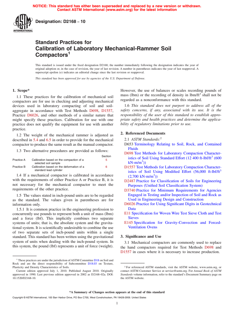 ASTM D2168-10 - Standard Test Methods for Calibration of Laboratory Mechanical-Rammer Soil Compactors