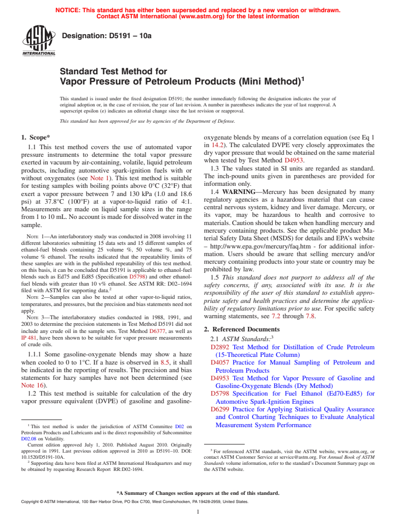 ASTM D5191-10a - Standard Test Method for Vapor Pressure of Petroleum Products (Mini Method)