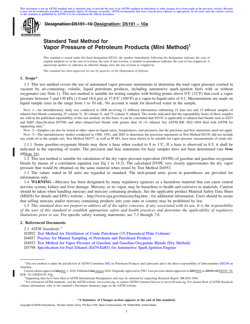 REDLINE ASTM D5191-10a - Standard Test Method for Vapor Pressure of Petroleum Products (Mini Method)