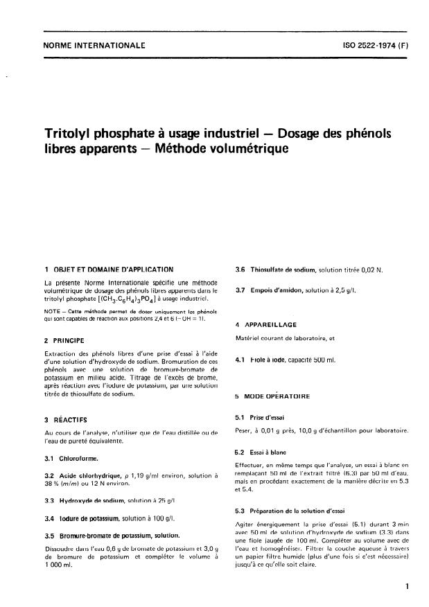ISO 2522:1974 - Tritolyl phosphate a usage industriel -- Dosage des phénols libres apparents -- Méthode volumétrique