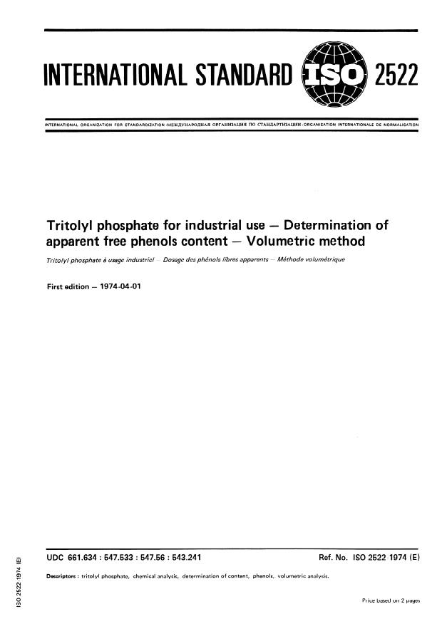 ISO 2522:1974 - Tritolyl phosphate for industrial use -- Determination of apparent free phenols content -- Volumetric method