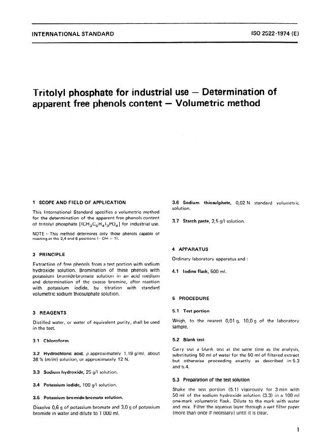 ISO 2522:1974 - Tritolyl phosphate for industrial use -- Determination of apparent free phenols content -- Volumetric method