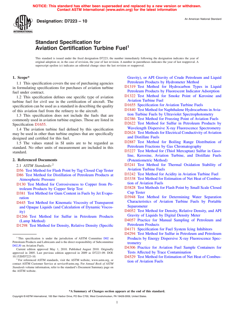 ASTM D7223-10 - Standard Specification for Aviation Certification Turbine Fuel