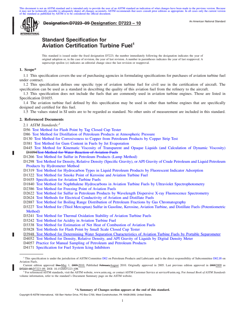 REDLINE ASTM D7223-10 - Standard Specification for Aviation Certification Turbine Fuel