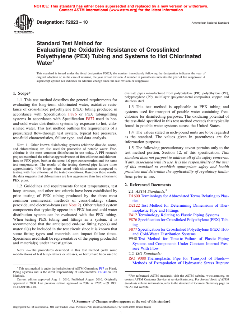 ASTM F2023-10 - Standard Test Method for Evaluating the Oxidative Resistance of Crosslinked Polyethylene (PEX) Tubing and Systems to Hot Chlorinated Water