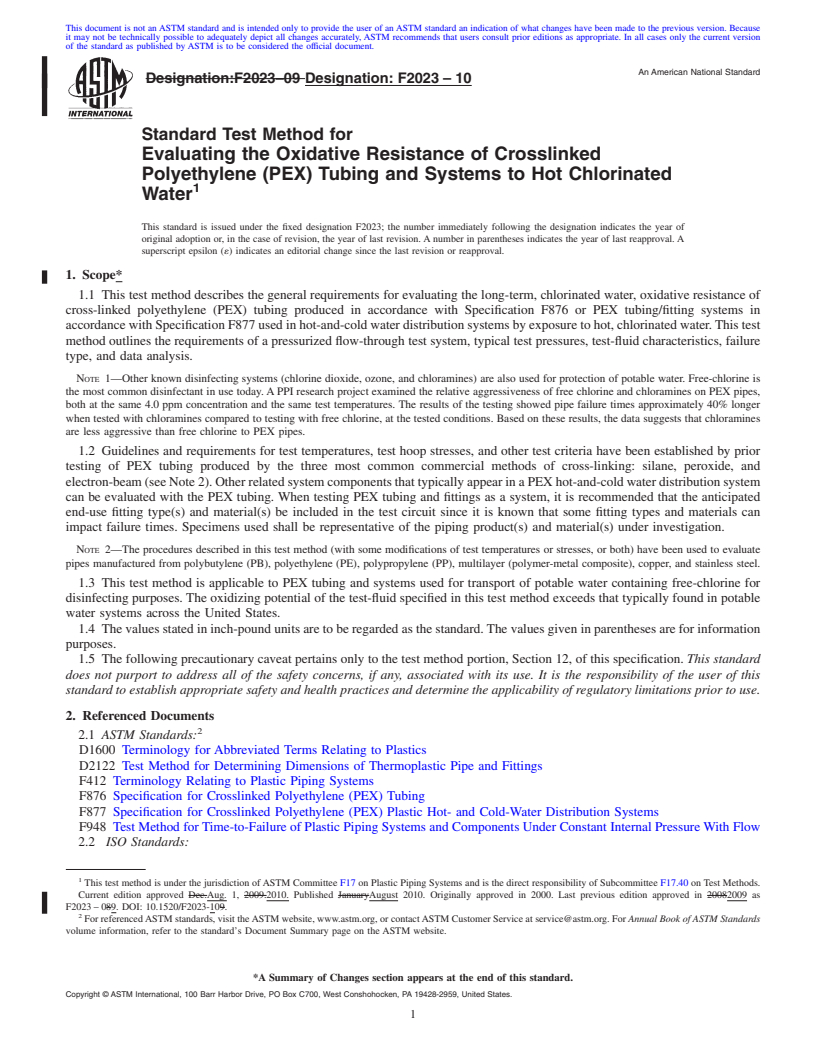 REDLINE ASTM F2023-10 - Standard Test Method for Evaluating the Oxidative Resistance of Crosslinked Polyethylene (PEX) Tubing and Systems to Hot Chlorinated Water