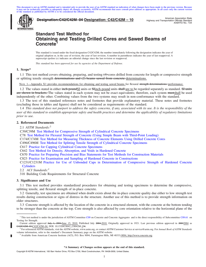 REDLINE ASTM C42/C42M-10 - Standard Test Method for Obtaining and Testing Drilled Cores and Sawed Beams of Concrete