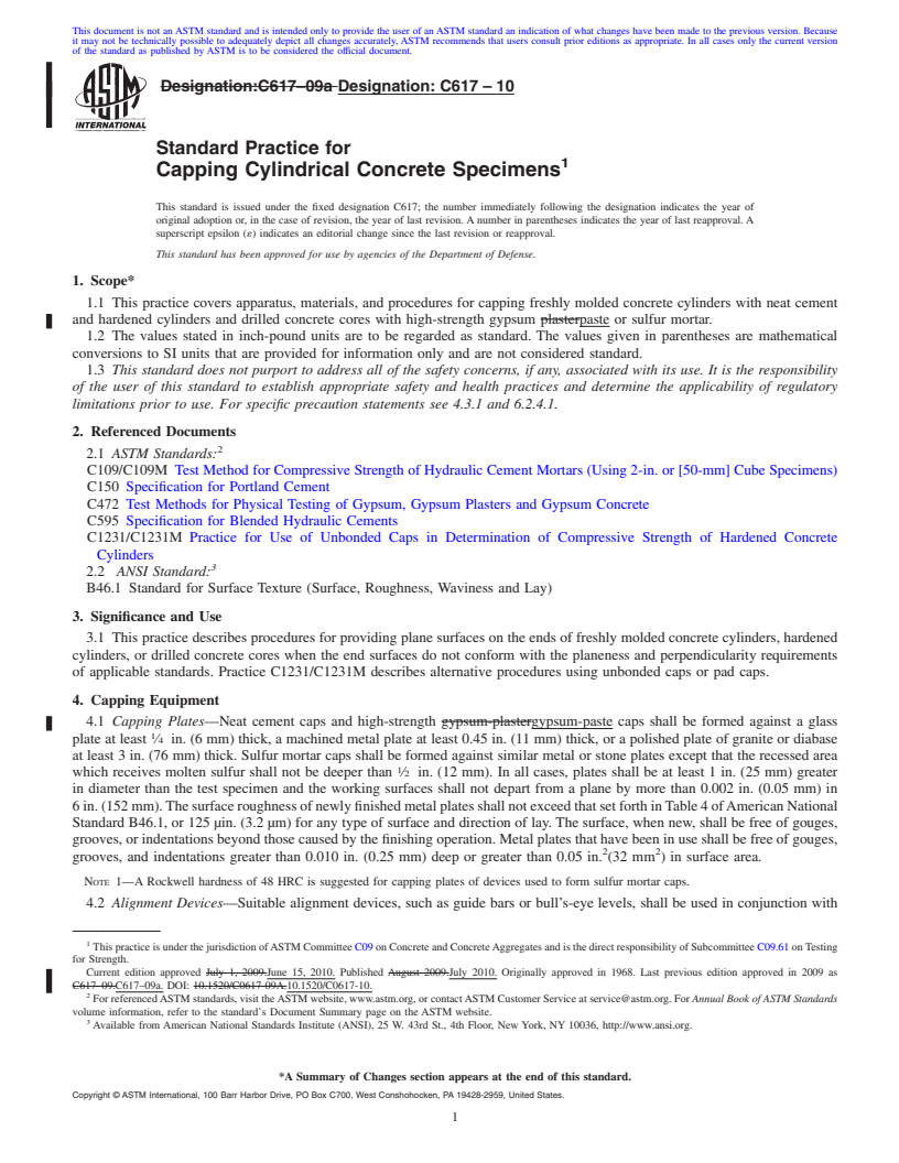 REDLINE ASTM C617-10 - Standard Practice for Capping Cylindrical Concrete Specimens