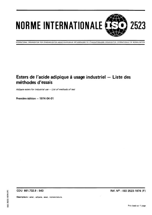 ISO 2523:1974 - Esters de l'acide adipique a usage industriel -- Liste des méthodes d'essais