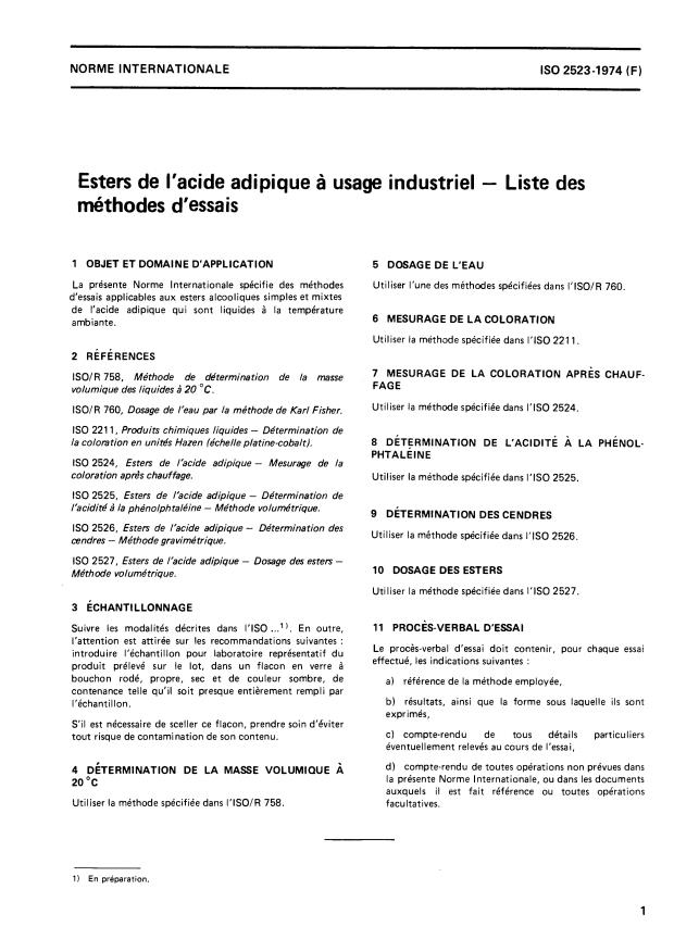 ISO 2523:1974 - Esters de l'acide adipique a usage industriel -- Liste des méthodes d'essais