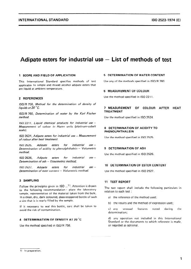 ISO 2523:1974 - Adipate esters for industrial use -- List of methods of test