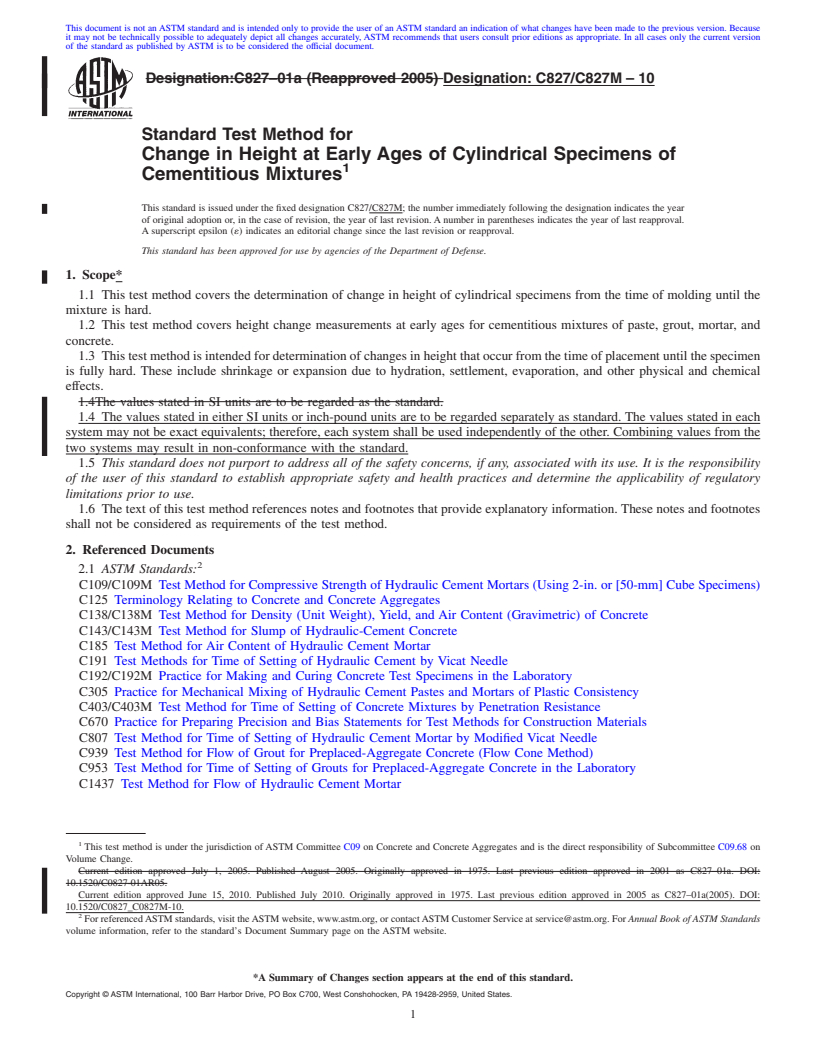 REDLINE ASTM C827/C827M-10 - Standard Test Method for Change in Height at Early Ages of Cylindrical Specimens of Cementitious Mixtures