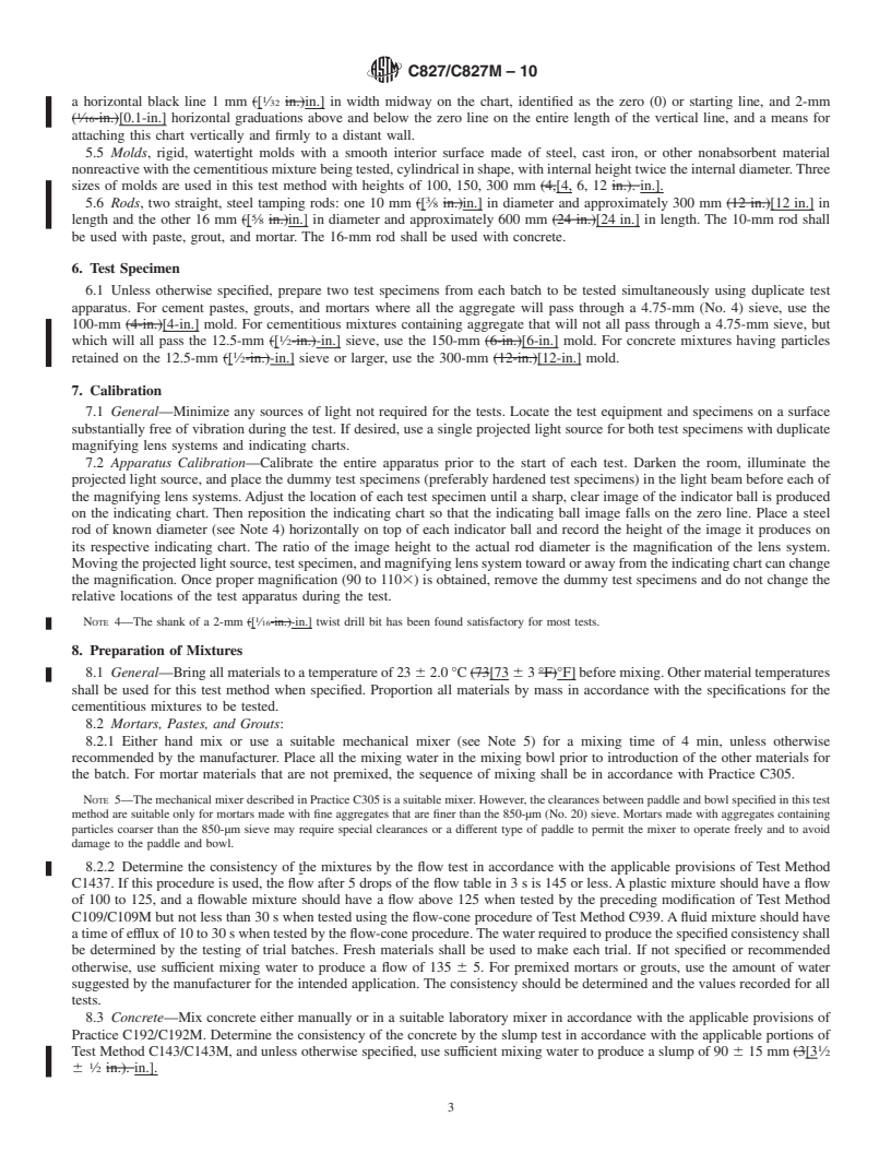 REDLINE ASTM C827/C827M-10 - Standard Test Method for Change in Height at Early Ages of Cylindrical Specimens of Cementitious Mixtures