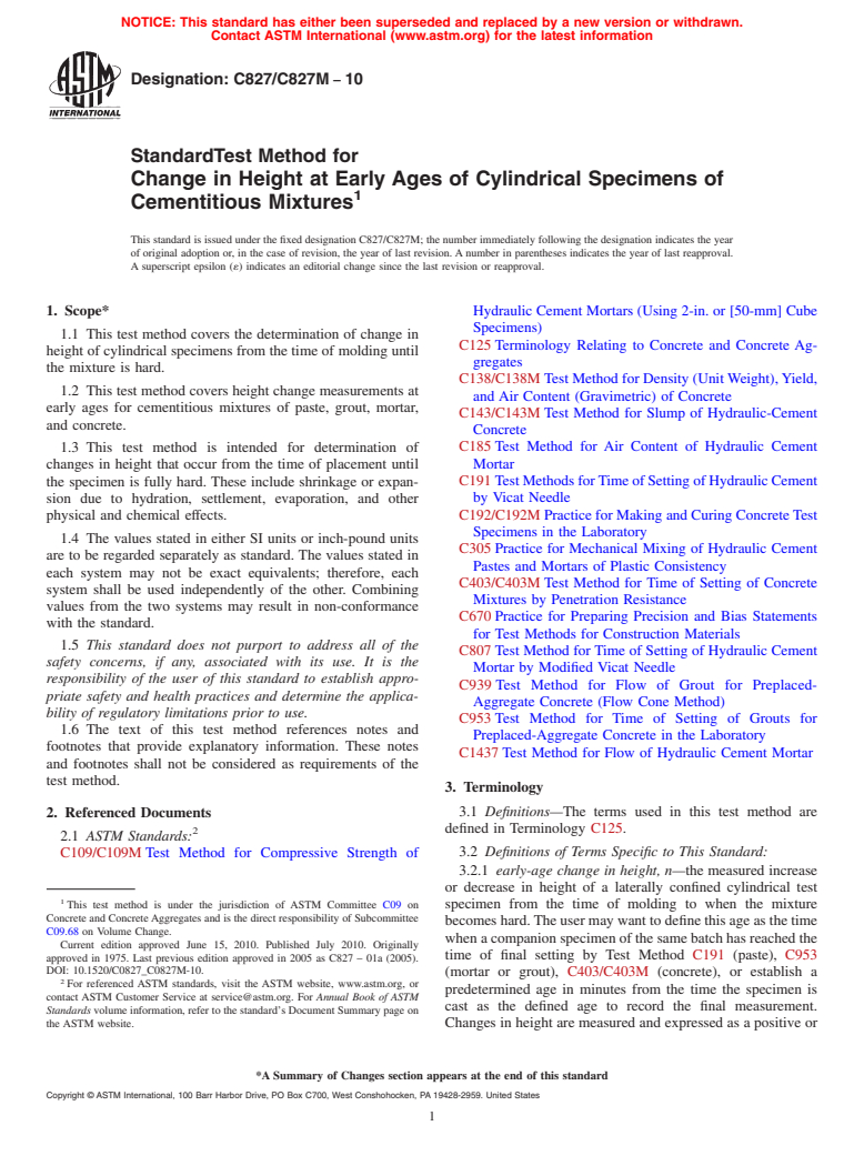 ASTM C827/C827M-10 - Standard Test Method for Change in Height at Early Ages of Cylindrical Specimens of Cementitious Mixtures