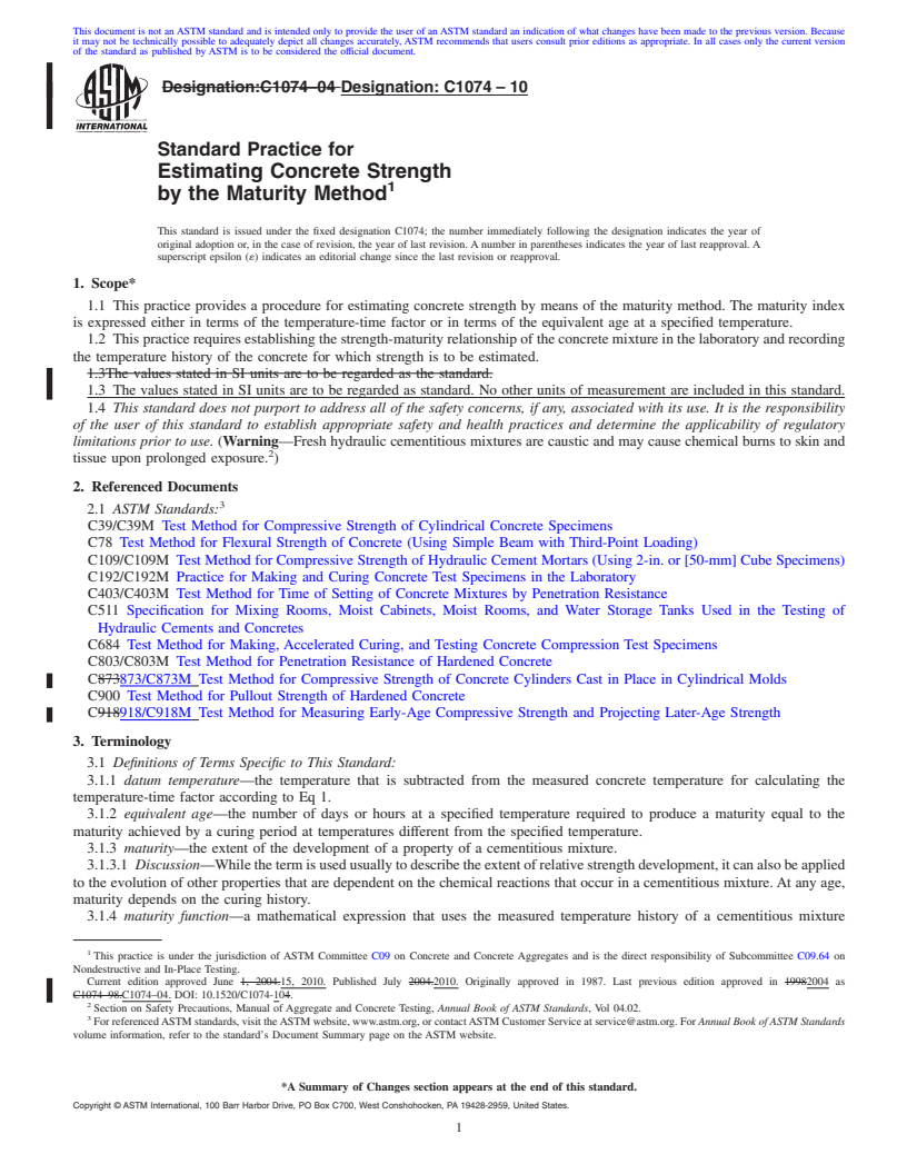 REDLINE ASTM C1074-10 - Standard Practice for Estimating Concrete Strength by the Maturity Method