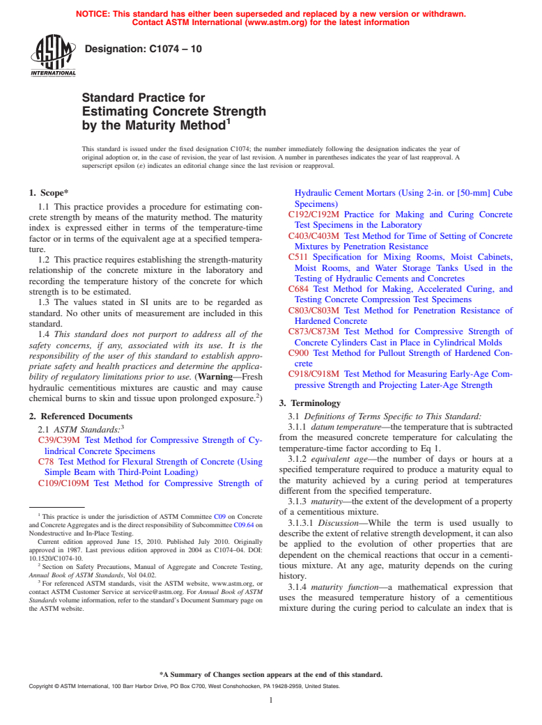 ASTM C1074-10 - Standard Practice for Estimating Concrete Strength by the Maturity Method