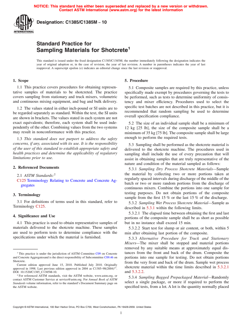 ASTM C1385/C1385M-10 - Standard Practice for Sampling Materials for Shotcrete