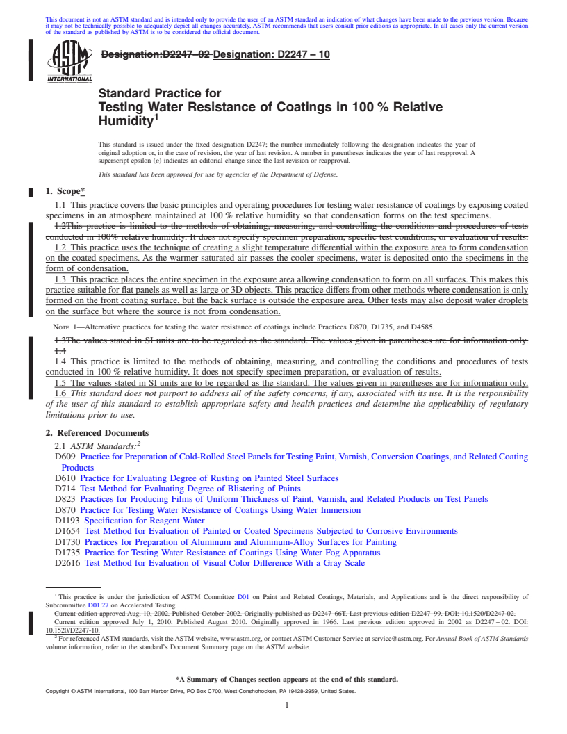 REDLINE ASTM D2247-10 - Standard Practice for Testing Water Resistance of Coatings in 100% Relative Humidity