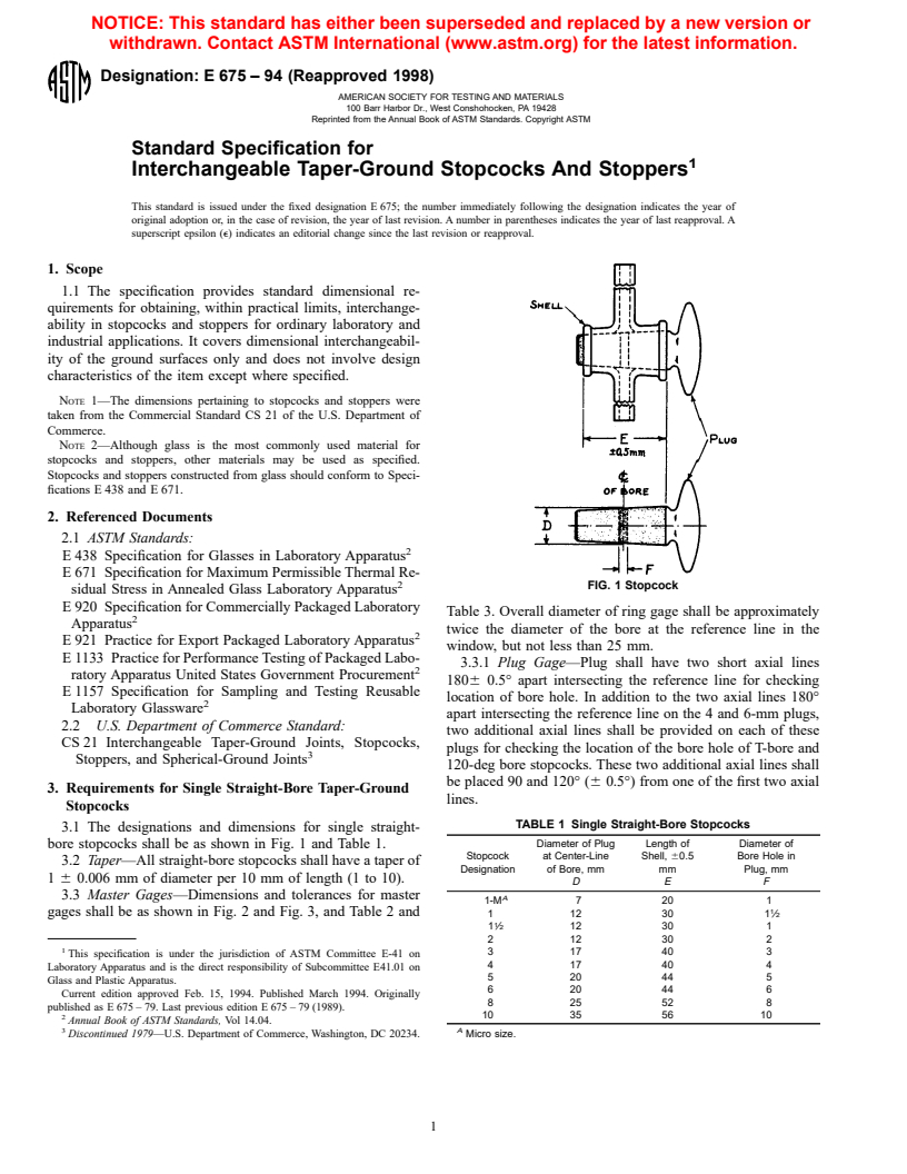 ASTM E675-94(1998) - Standard Specification for Interchangeable Taper-Ground Stopcocks And Stoppers