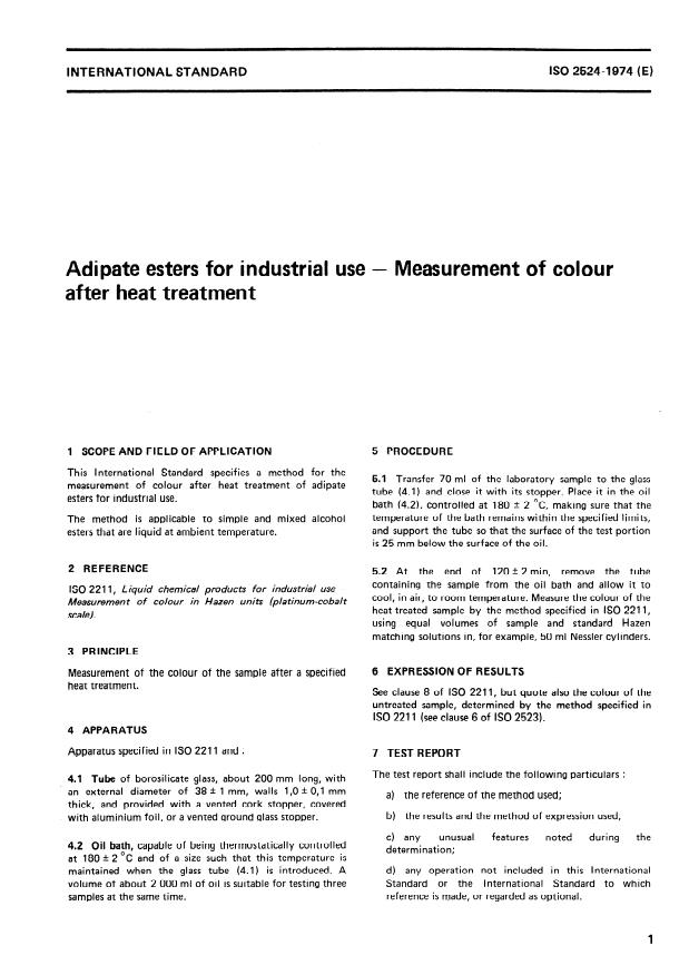 ISO 2524:1974 - Adipate esters for industrial use -- Measurement of colour after heat treatment