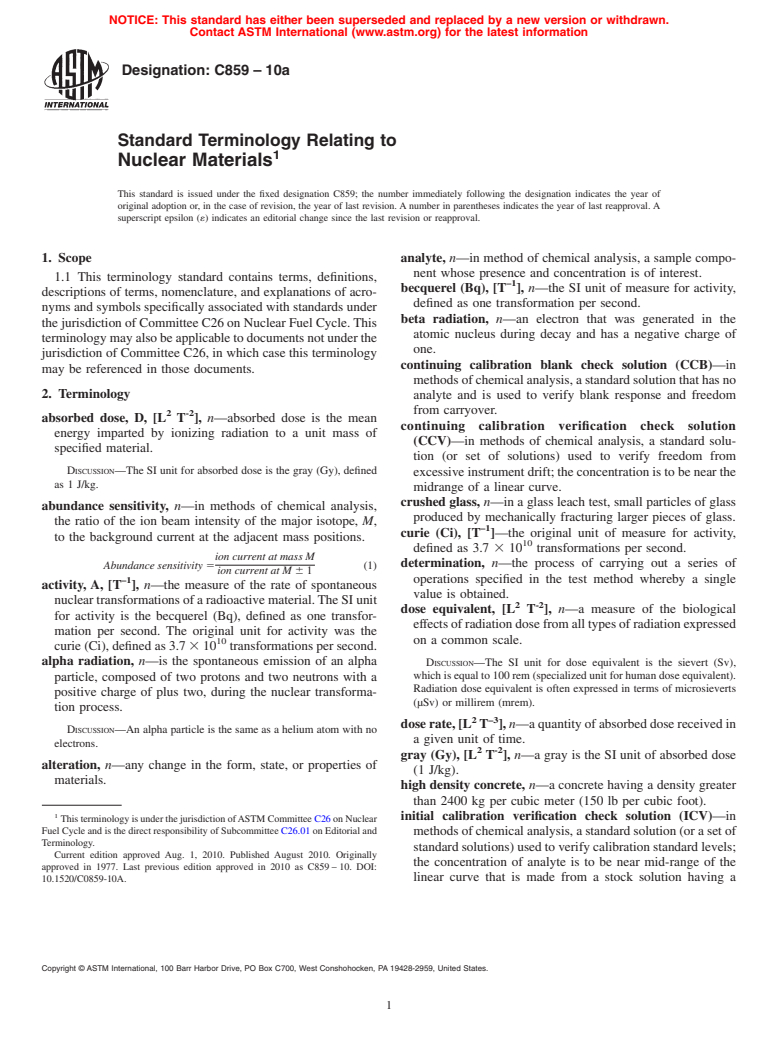 ASTM C859-10a - Standard Terminology Relating to  Nuclear Materials